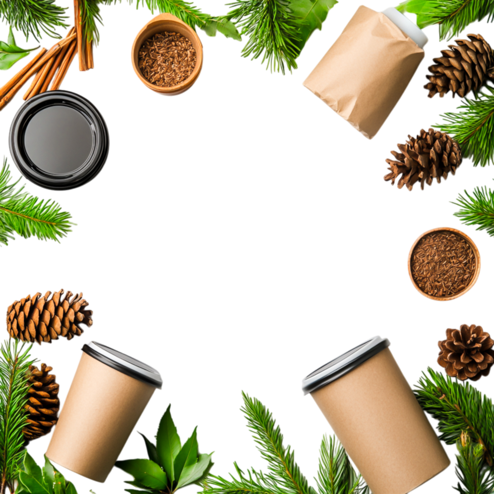 Coffee and Spice Essentials Surrounded by Fresh Greenery Decor png