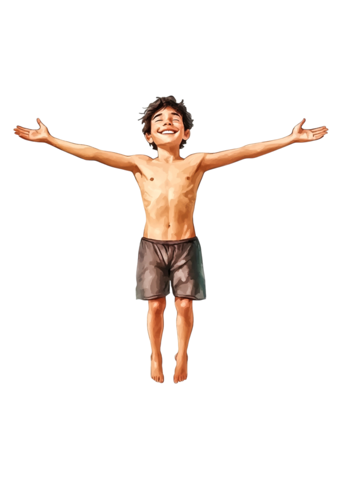 Happy Young Boy Jumping with Arms Wide Open in Joyful Expression png