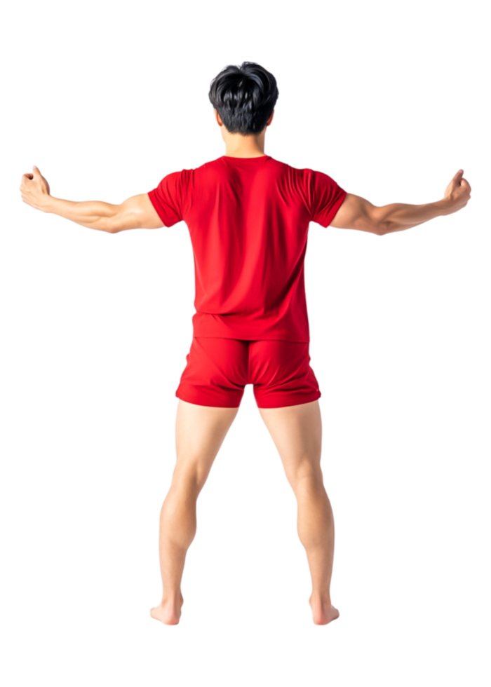 Athletic Male in Red Outfit Showing Strong Pose from Back View png