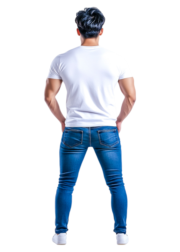 Young man standing with hands on hips in casual outfit, full body png