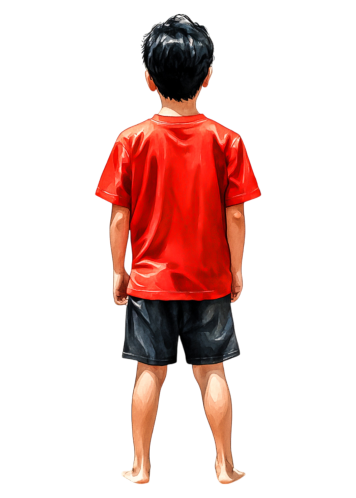 Young Boy with Black Hair Wearing Red Shirt and Black Shorts png