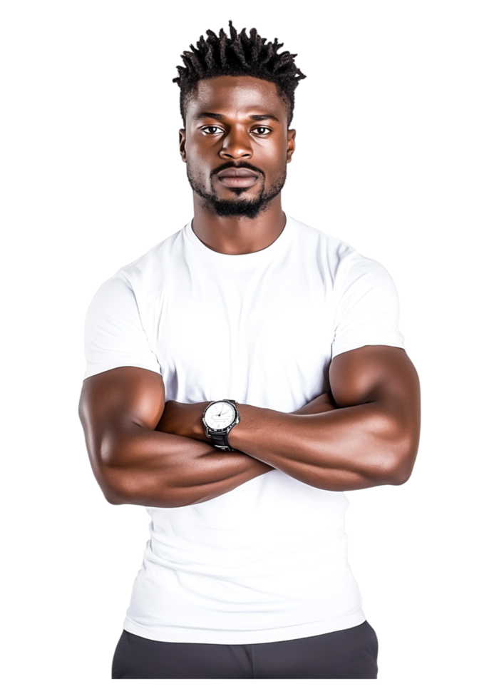 Strong Confident Man Posing in White Shirt with Arms Crossed png