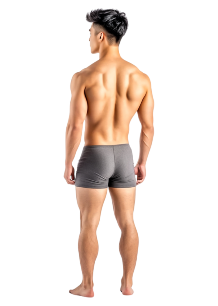 Athletic Male Model Posing in Gray Underwear from the Back View png
