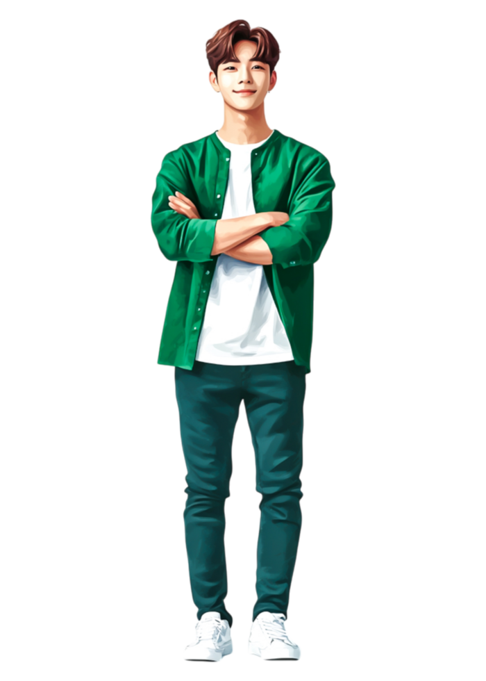 Young Man in Green Shirt and White T-Shirt Standing with Confidence png
