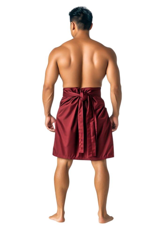 Male Model in Maroon Skirt from Back View with Bare Skin Exposure png