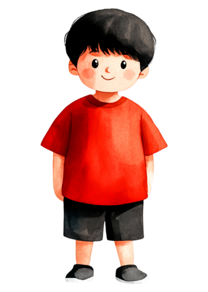 Cute Boy Character in Red Shirt and Black Shorts Illustration png