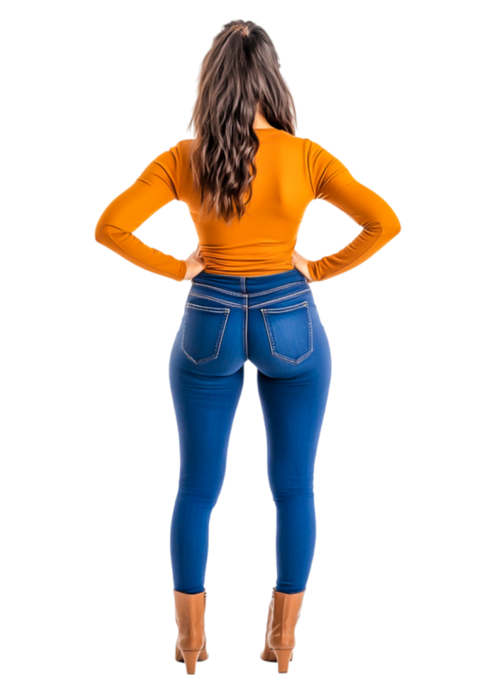 Stylish Woman in Bright Orange Top and Blue High-Waisted Jeans png