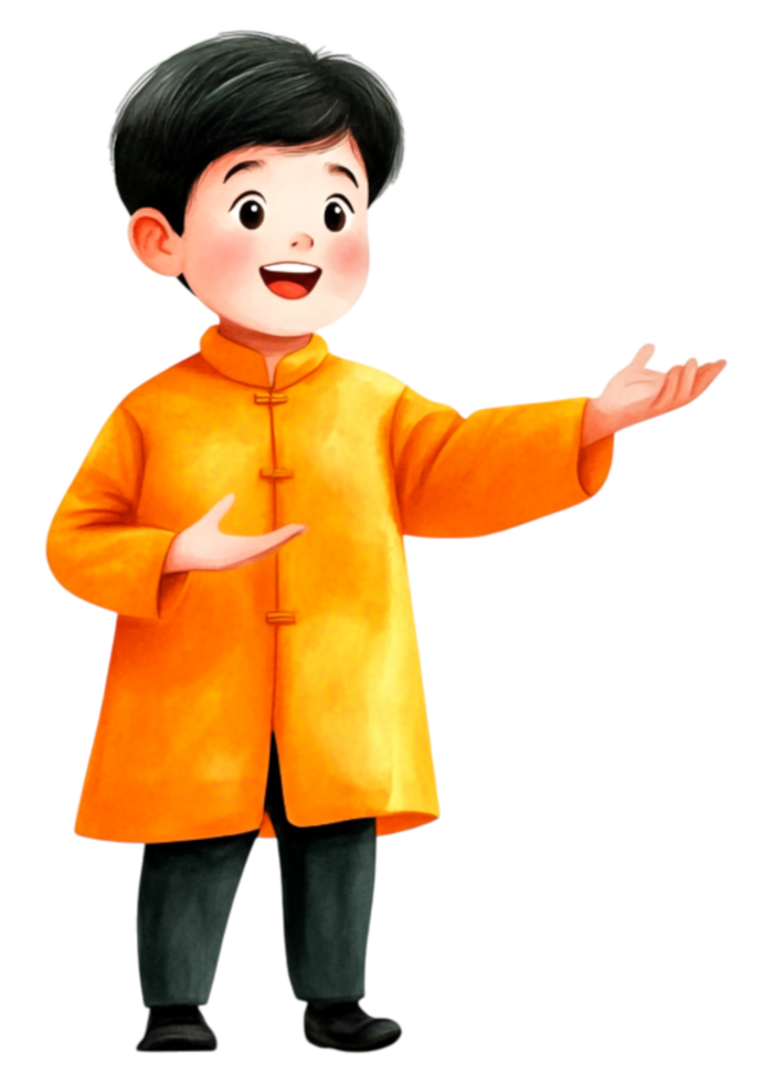 Cheerful Boy in Traditional Outfit Gesturing Happily with Smile png