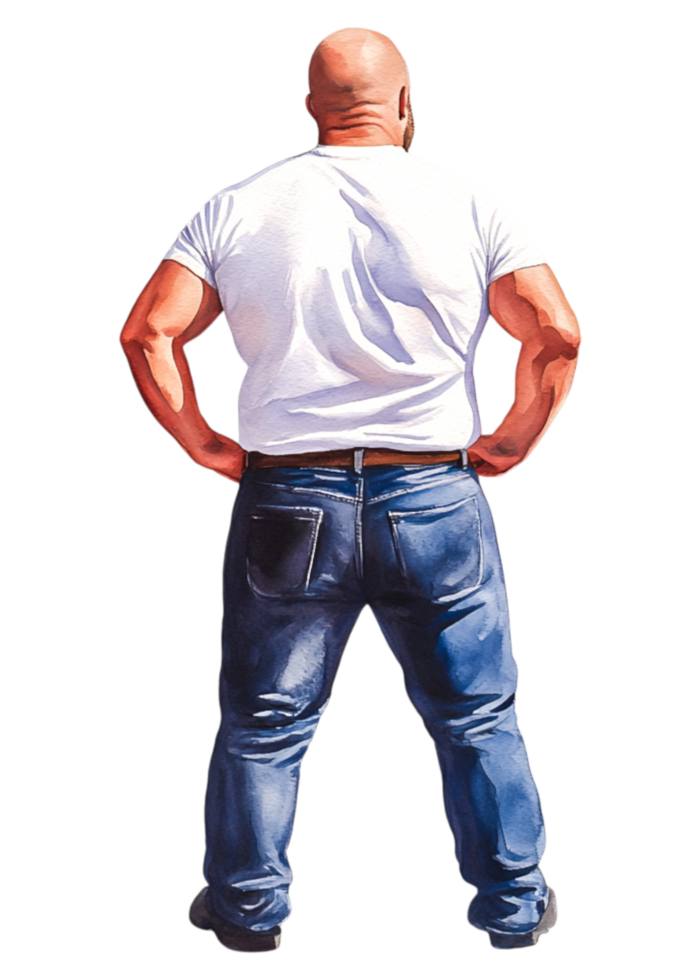 Strong Man in White Shirt and Blue Jeans Standing Confidently Back View png