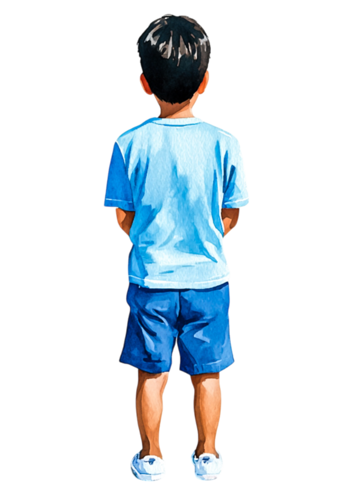 Young Boy Standing Alone in Blue Shirt and Shorts from Back View png