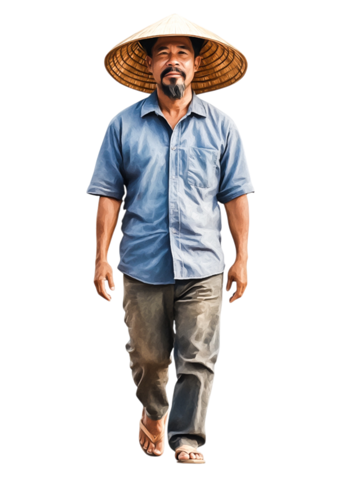 Farmer Walking in Traditional Straw Hat and Casual Clothing png