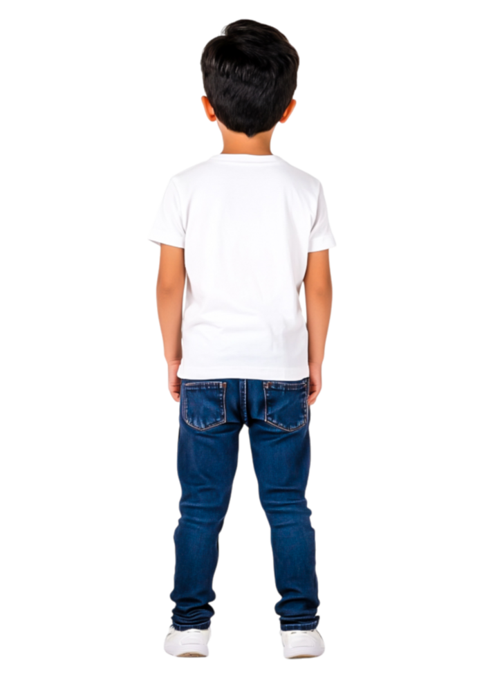Young Boy Wearing White T-Shirt and Blue Jeans Standing Backward png