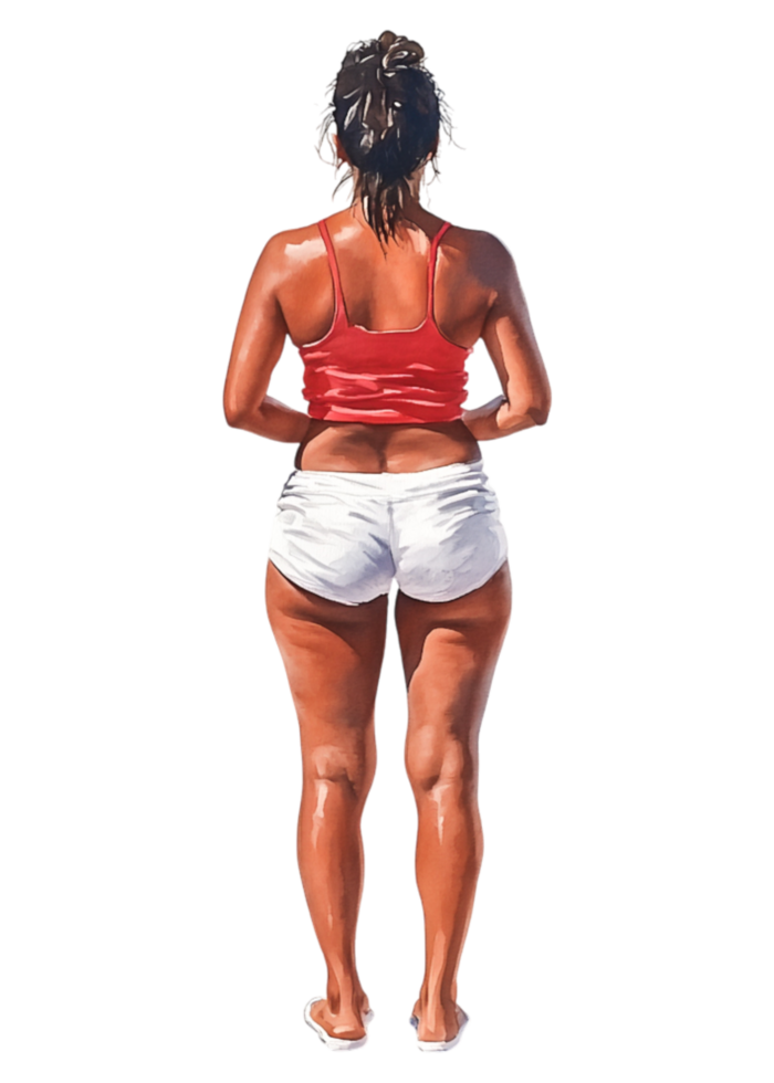 Woman in Red Top and White Shorts Standing on a Beach Background png