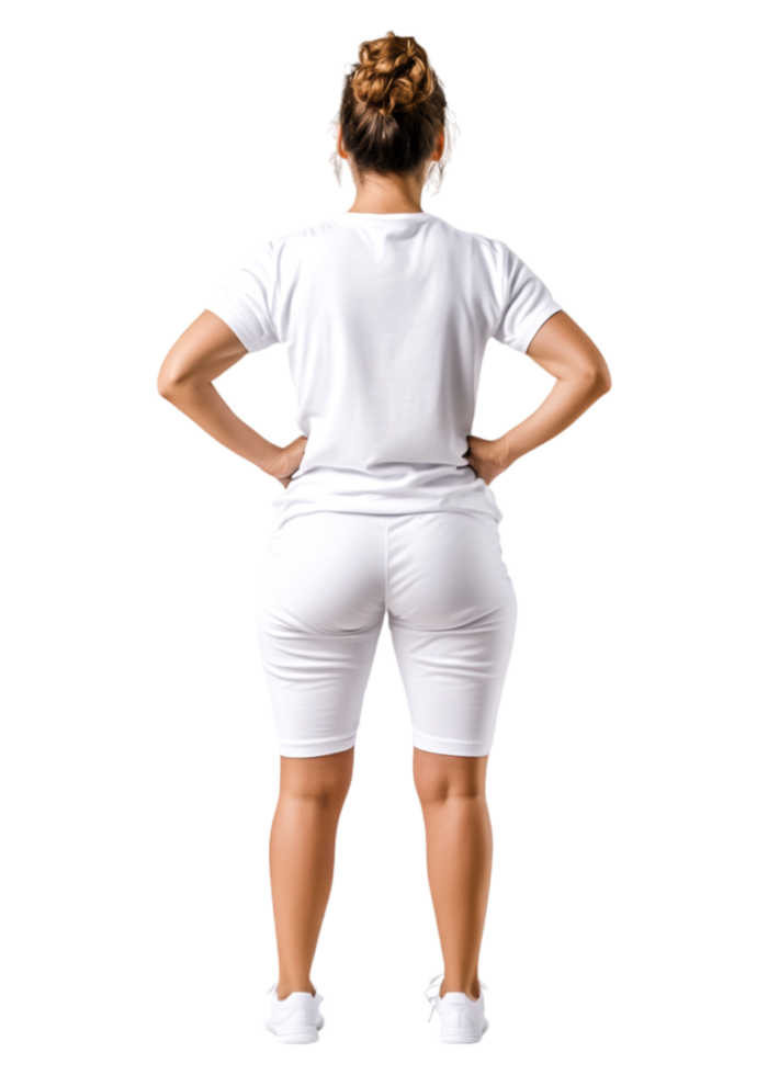Woman in White Outfit Posing with Hands on Hips Back View png