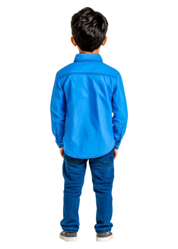 Young Boy Wearing Bright Blue Shirt and Jeans from Behind png