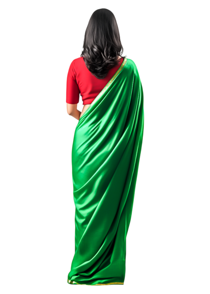 Elegant Woman in Green Saree with Red Blouse from the Back View png