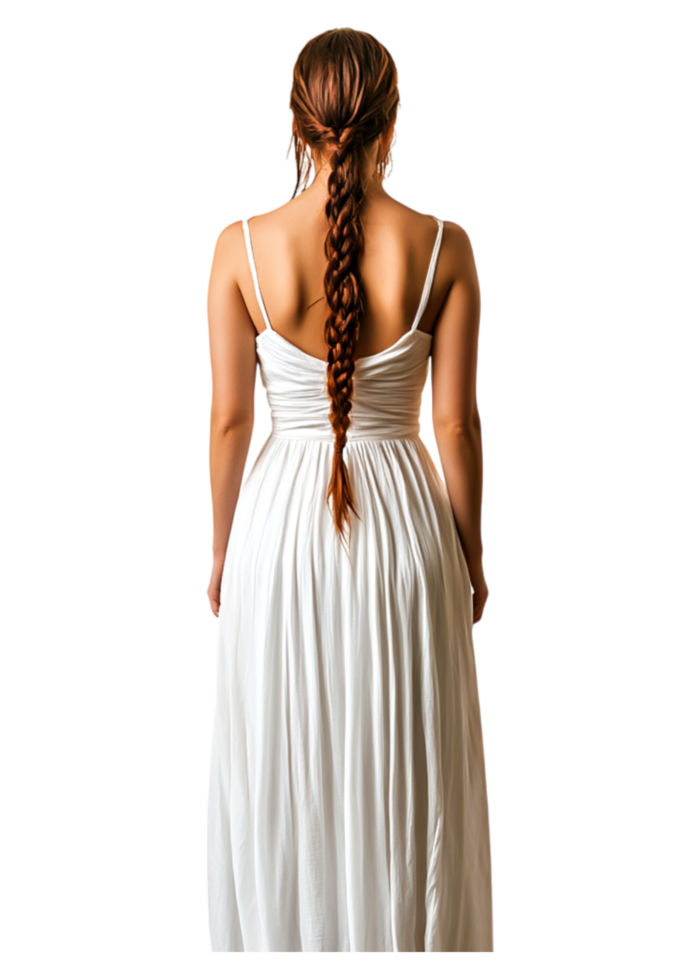 Elegant Woman in White Dress with Long Braid from Back View png