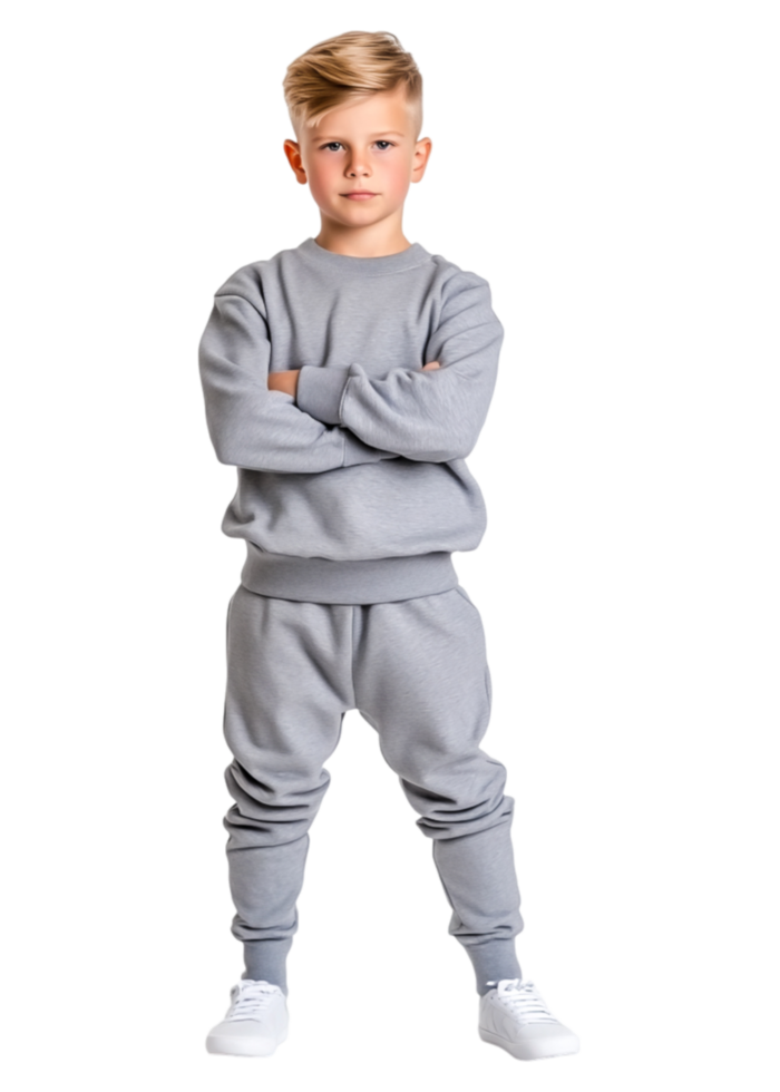 Young Boy in Gray Sportswear with Confident Pose and Expressions png