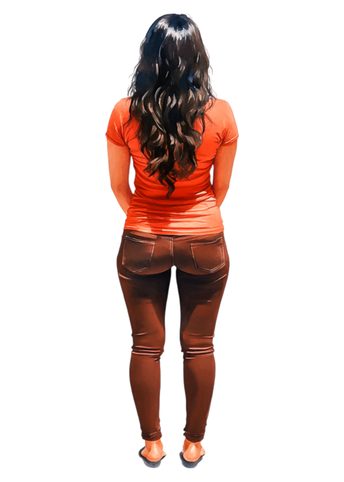 Woman in Orange Shirt and Brown Pants Standing with Long Hair png