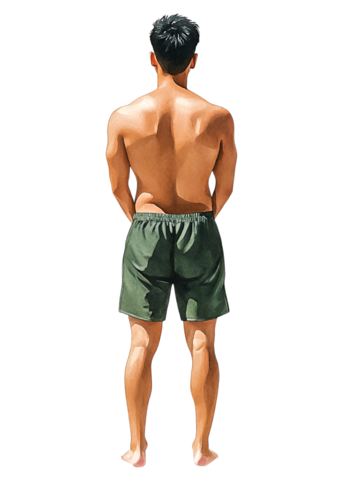 Young Man Standing Confidently with Back to Camera in Green Shorts png