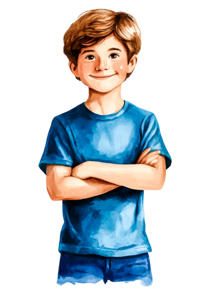 Happy boy with crossed arms smiling in blue shirt and shorts png