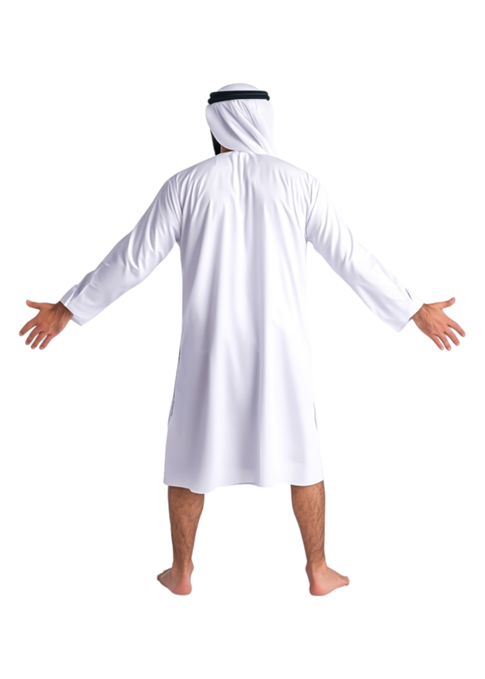 Man in Traditional White Attire with Arms Open in Studio Setting png
