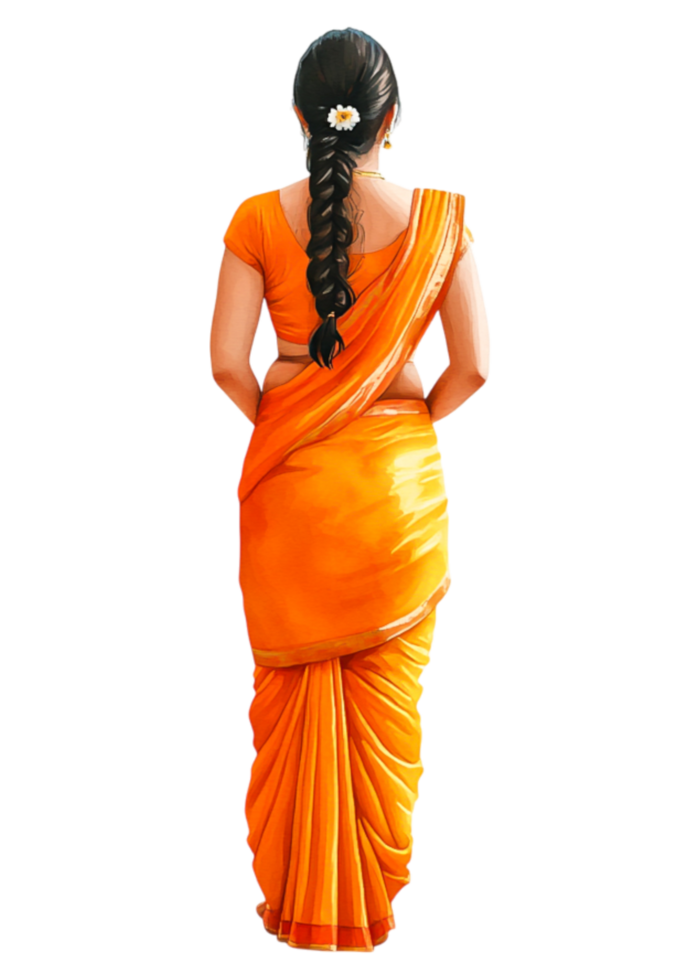 Elegant Woman in Traditional Orange Saree with Long Hair and Flower png