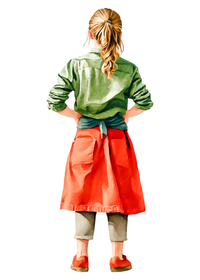 Woman Wearing Colorful Apron with Hands on Hips in Confident Pose png