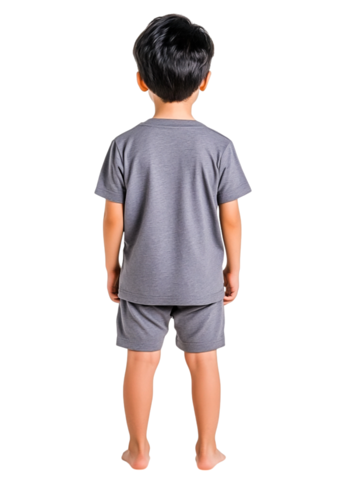 Boy in Gray Pajamas Standing with Back Turned to Camera png