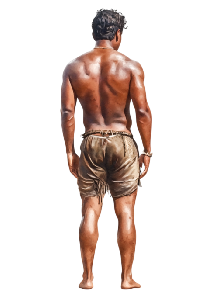 Young Man Standing Shirtless with Short Brown Shorts, Back View png