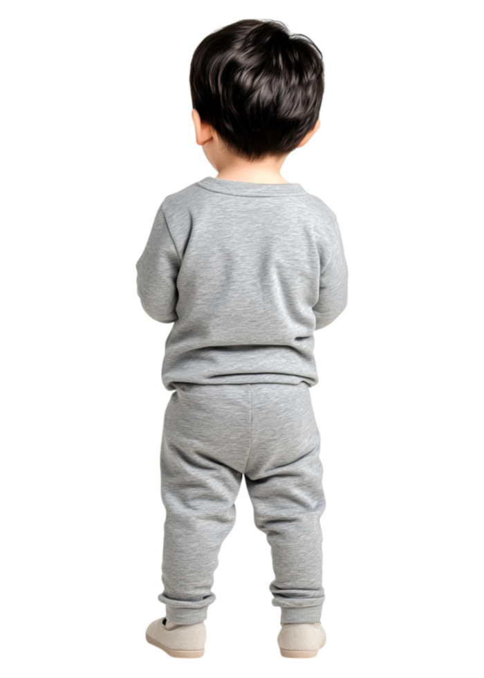 Cute child in gray pajamas standing with back turned in playful pose png