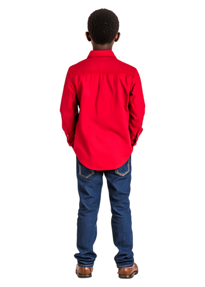 Young Boy in Red Shirt Standing with Hands Behind Back png