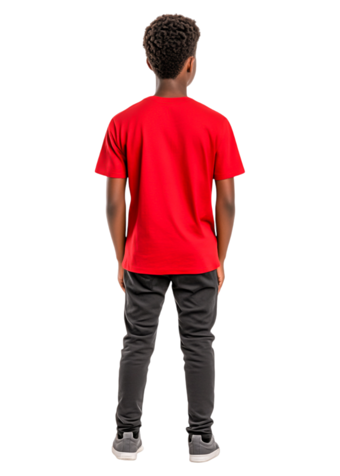 Young Boy in Red T-Shirt Standing with Back to Camera in Studio png