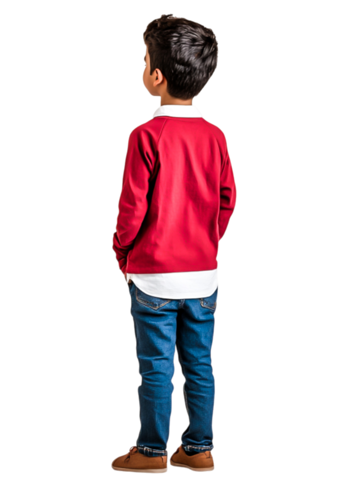 Young Boy in Red Sweater and Jeans Posing from Back View png