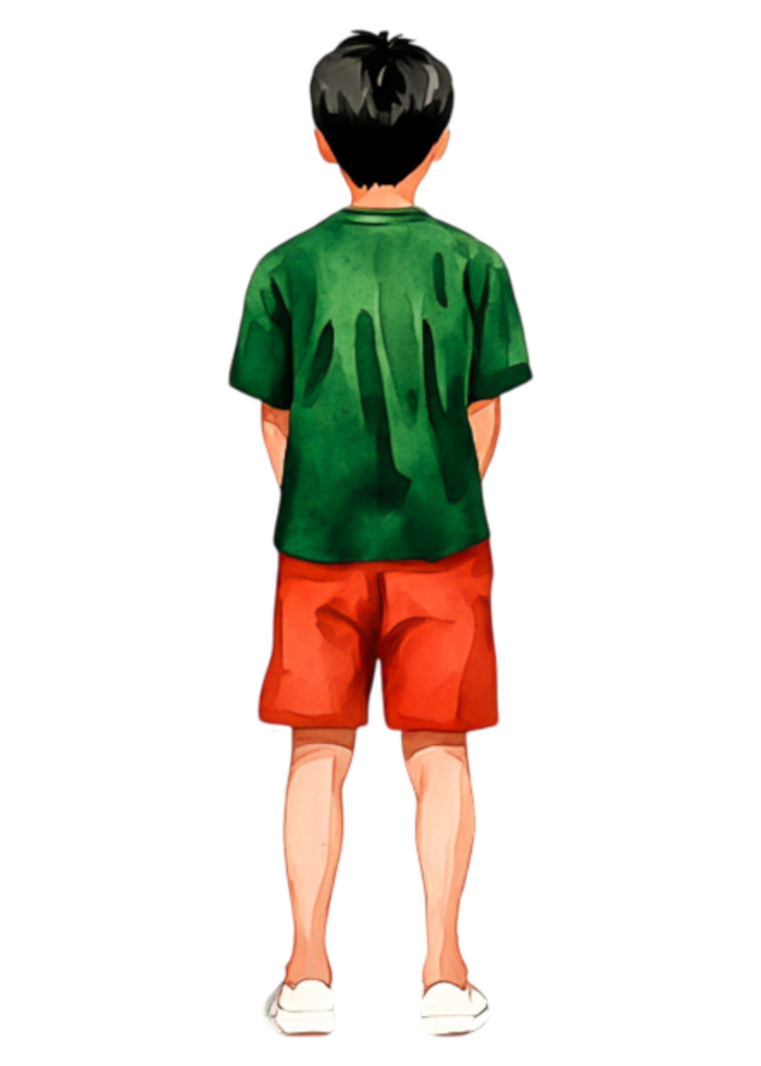 Young Boy Standing with Back to Viewer in Colorful Summer Outfit png