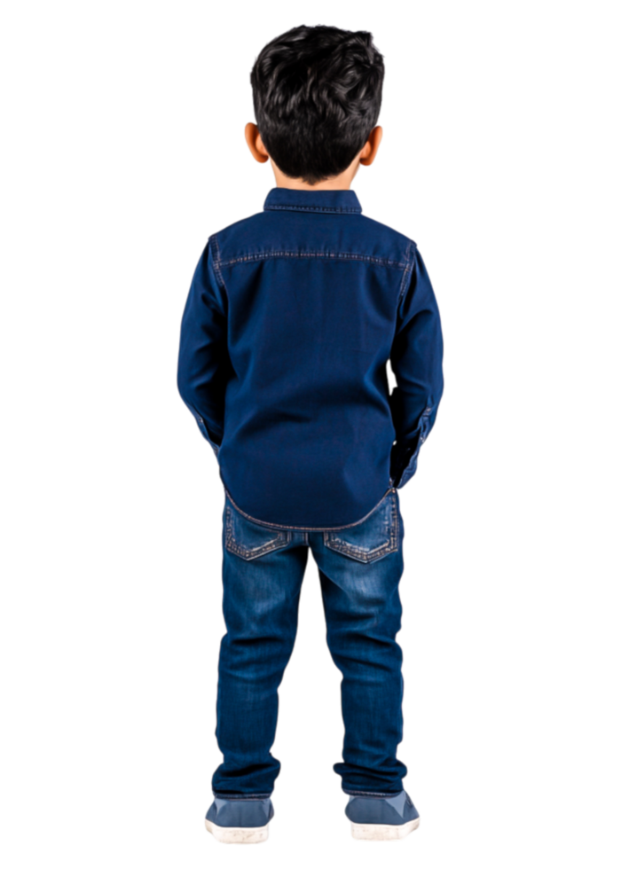 Boy Wearing Casual Navy Blue Shirt and Jeans from Back View png