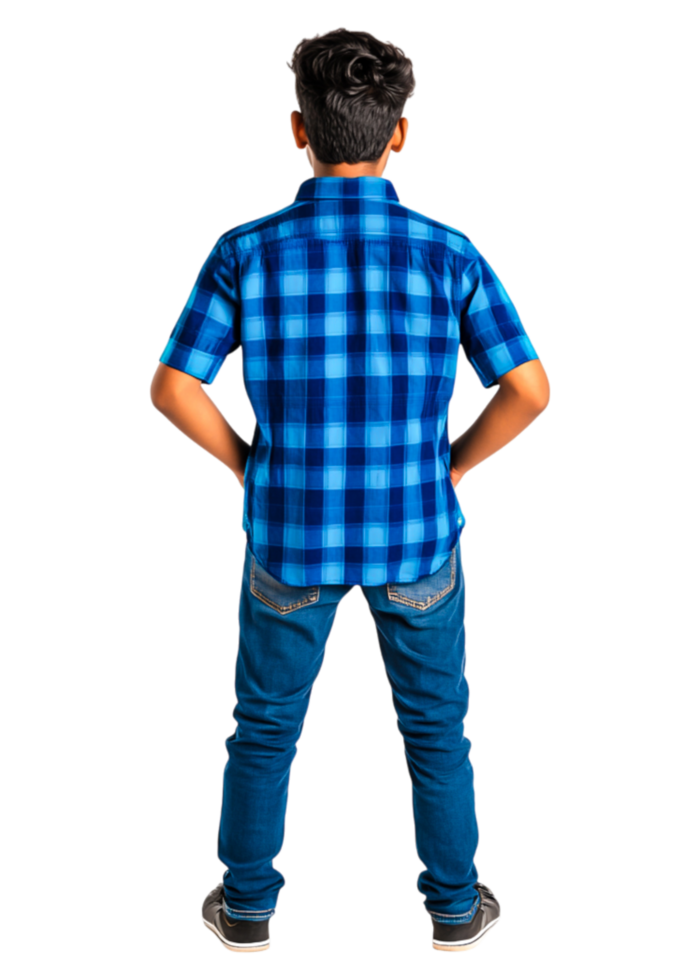 Young Boy in Blue Checkered Shirt Standing with Hands on Hips png