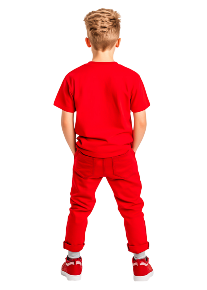 Child in Bright Red Outfit Standing with Hands in Pockets png