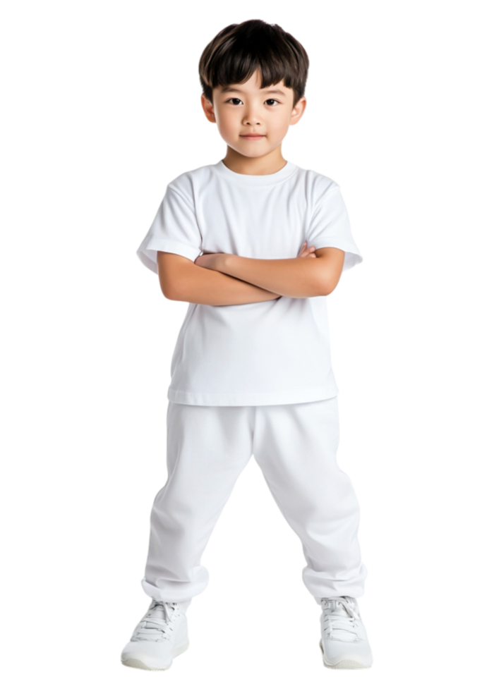 Confident Young Boy in White Outfit with Arms Crossed in Studio png