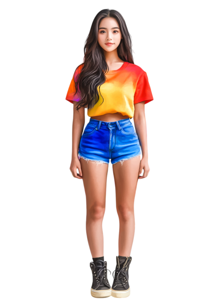 Vibrant Fashion Model in Colorful Gradient T-Shirt and Denim Shorts png
