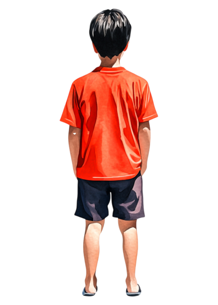 Young Boy in Orange Shirt Facing Away with Black Shorts png