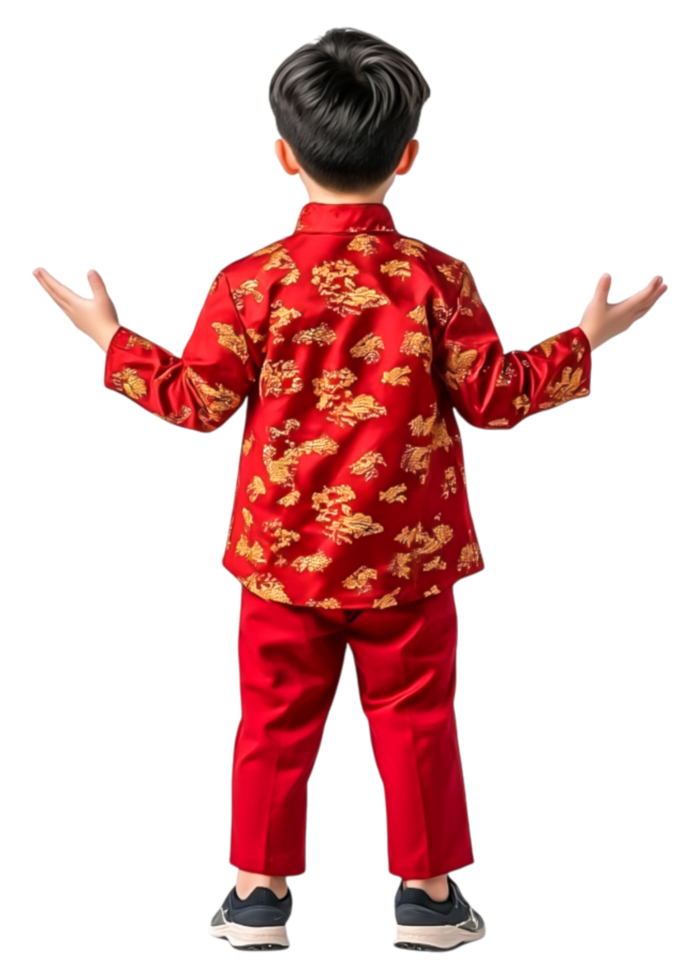 Young Child in Traditional Red Attire Standing with Hands Open png