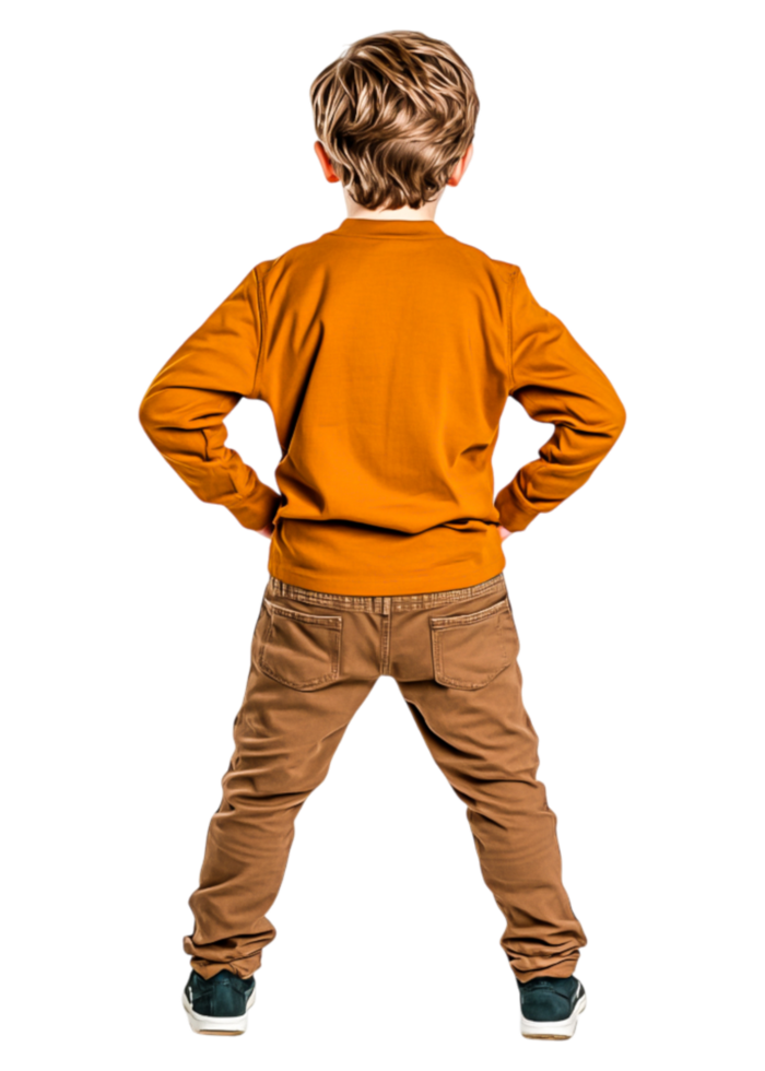 Young Boy in Orange Sweater Standing with Hands on Hips png