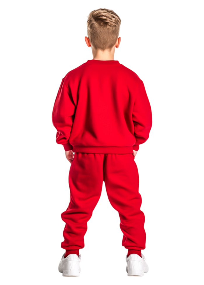 Boy in Red Tracksuit Standing with Back to Camera in Studio png