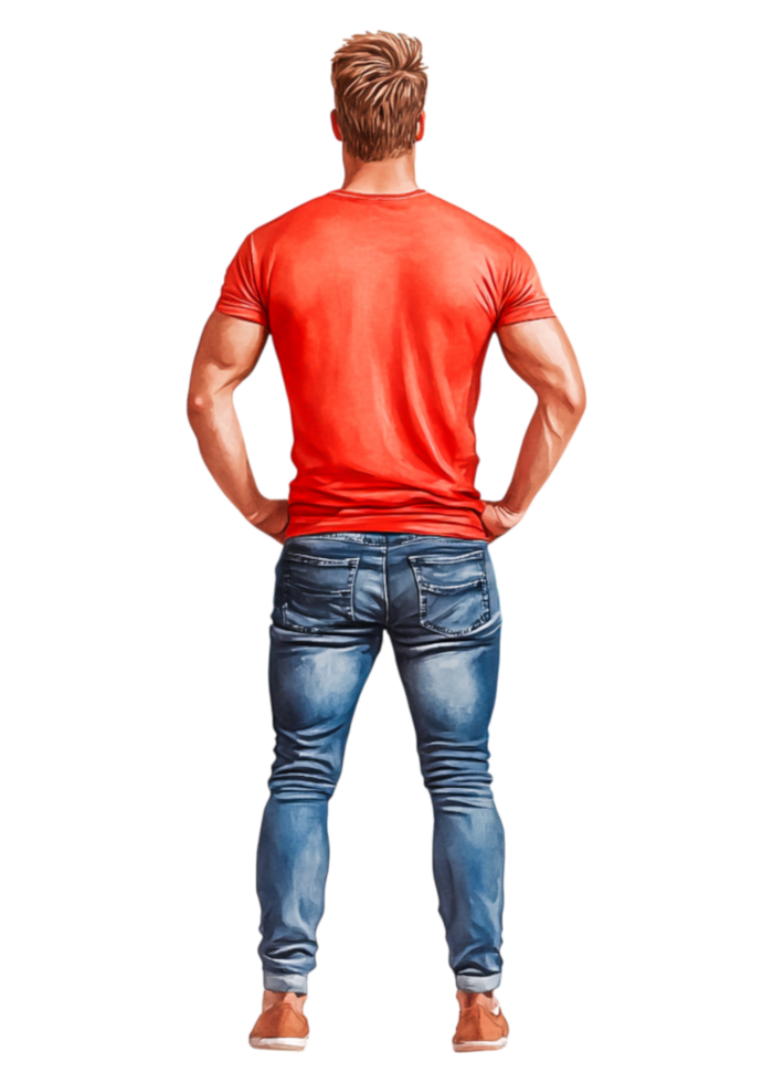 Young Man in Red T-Shirt and Jeans Standing with Hands on Hips png