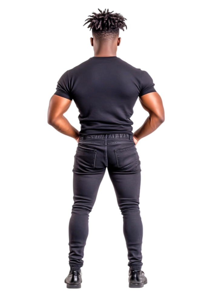 Strong Young Man in Black Outfit Posing with Hands on Hips png
