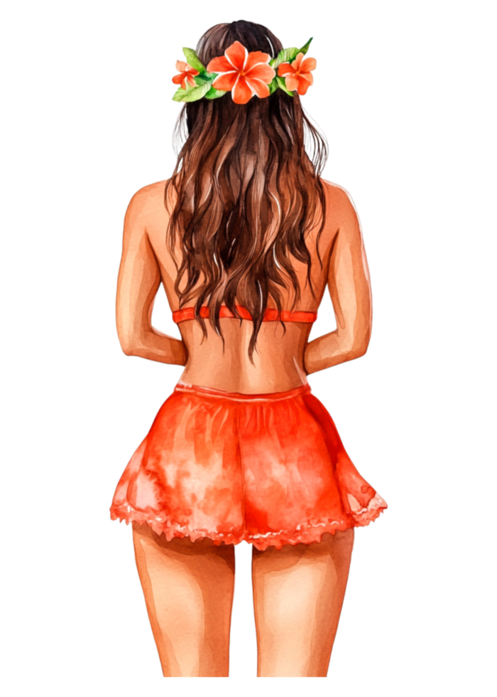 Young Woman in Summer Outfit with Floral Accessories and Long Hair png