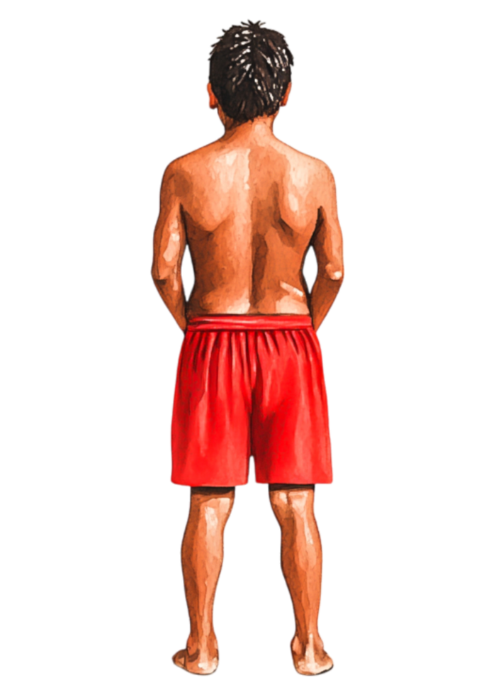 Young Boy in Red Shorts Standing with Back to Camera in Bright Light png