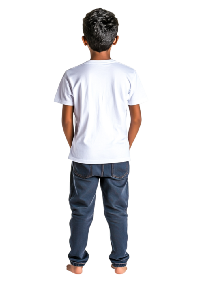Young Boy in Plain White T-Shirt Standing against a Black Background png