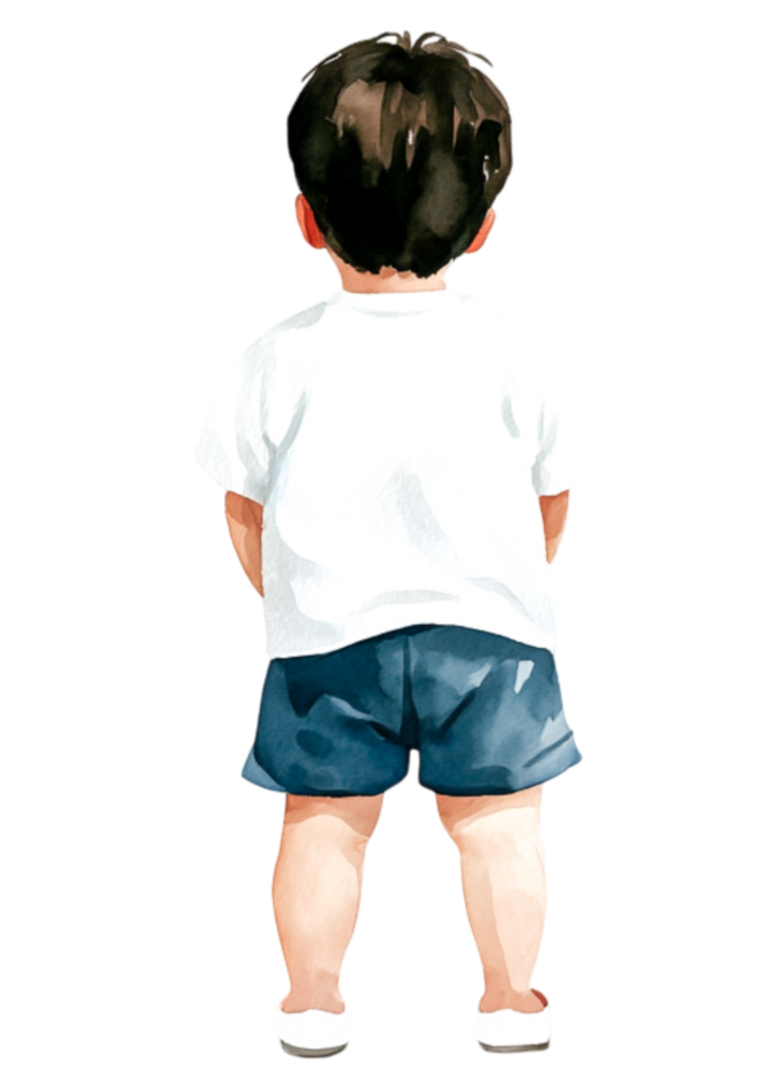 Child from behind in a white shirt and blue shorts, watercolor style png